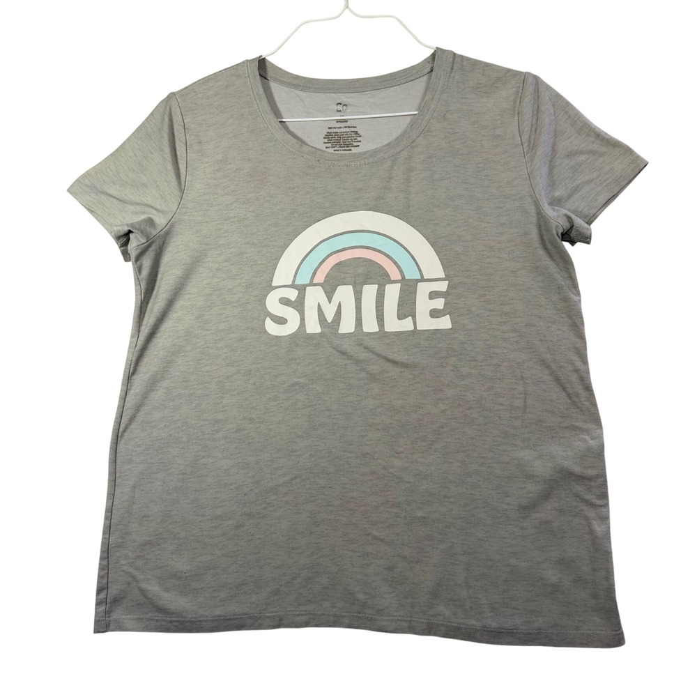 Womens Gray Rainbow Smile Pajama Top Short Sleeve Sleep Shirt Med